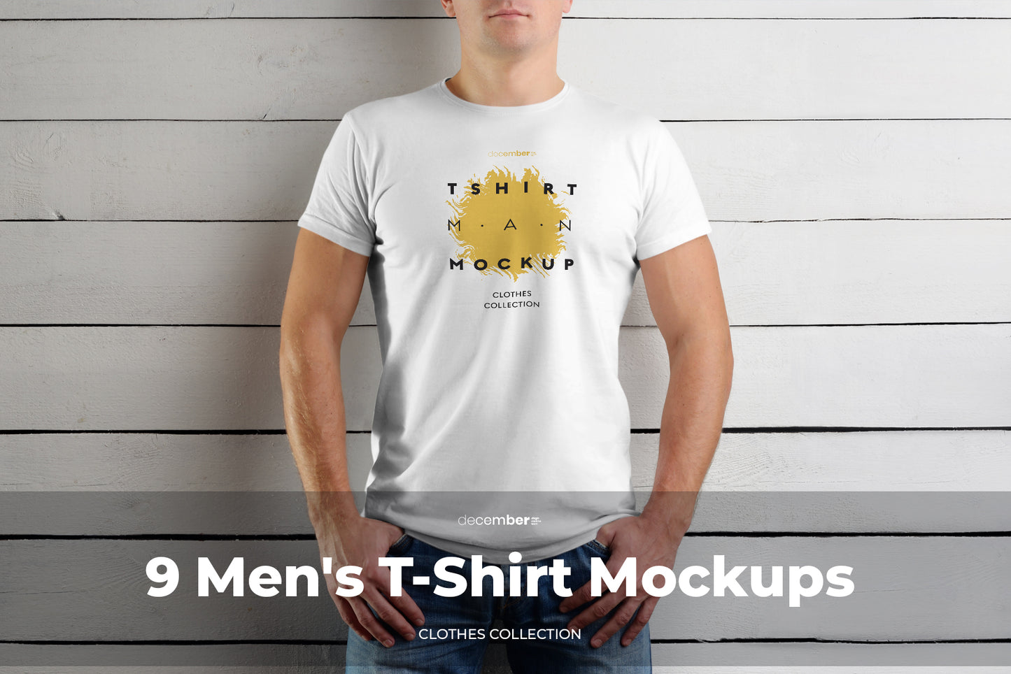 9 T-Shirt Men's Mockups on Wooden Background