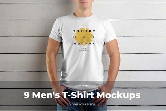 9 T-Shirt Men's Mockups on Wooden Background