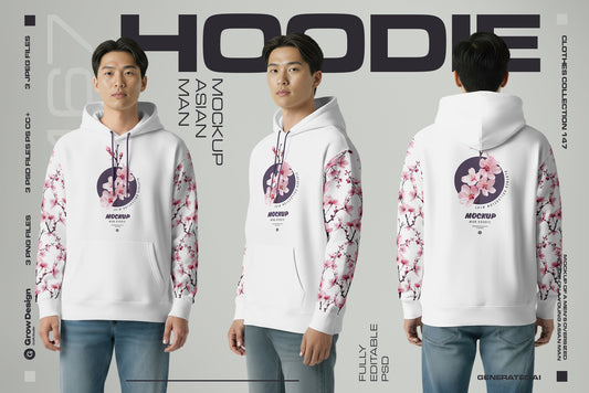 3 Oversized Hoodie Mockups on Asian Man. Vol.01. Generated AI