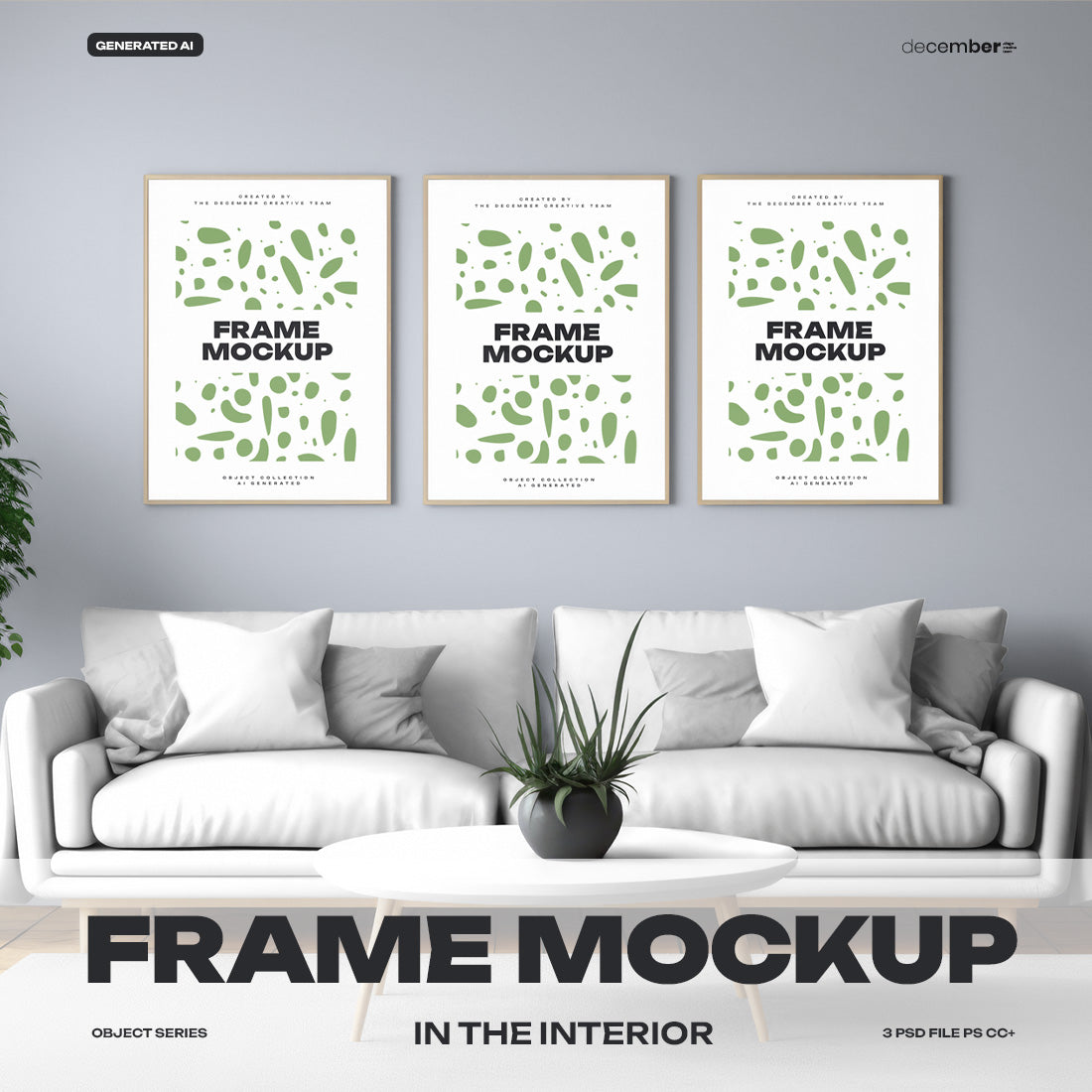 3 Mockups of Frames in the Interior. AI Generated