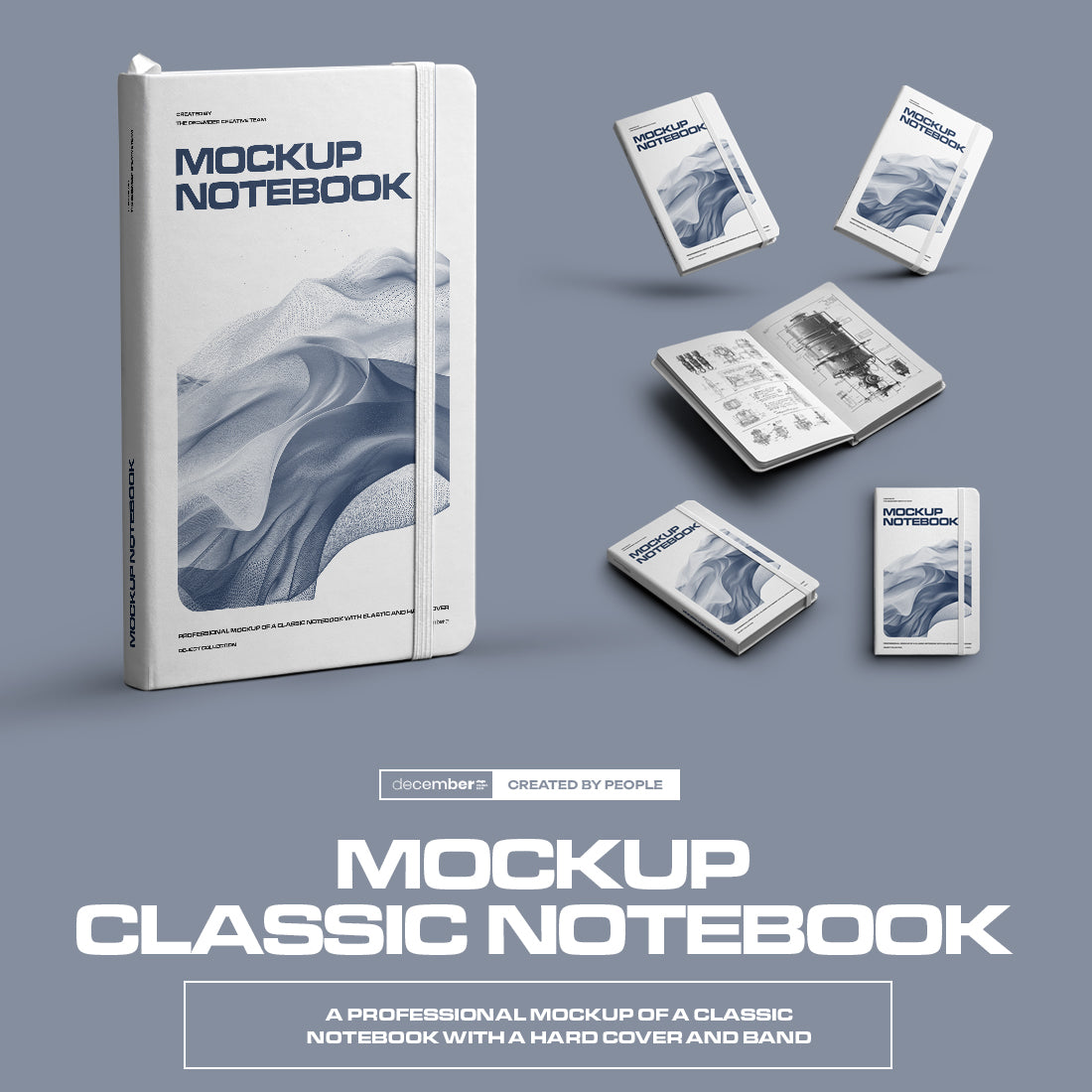 6 Mockups of Classic Notebook with Band and Hard Cover