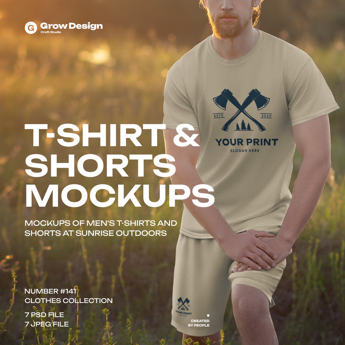 7 Mockups of Men's T-Shirt and Shorts Outdoors at Dawn