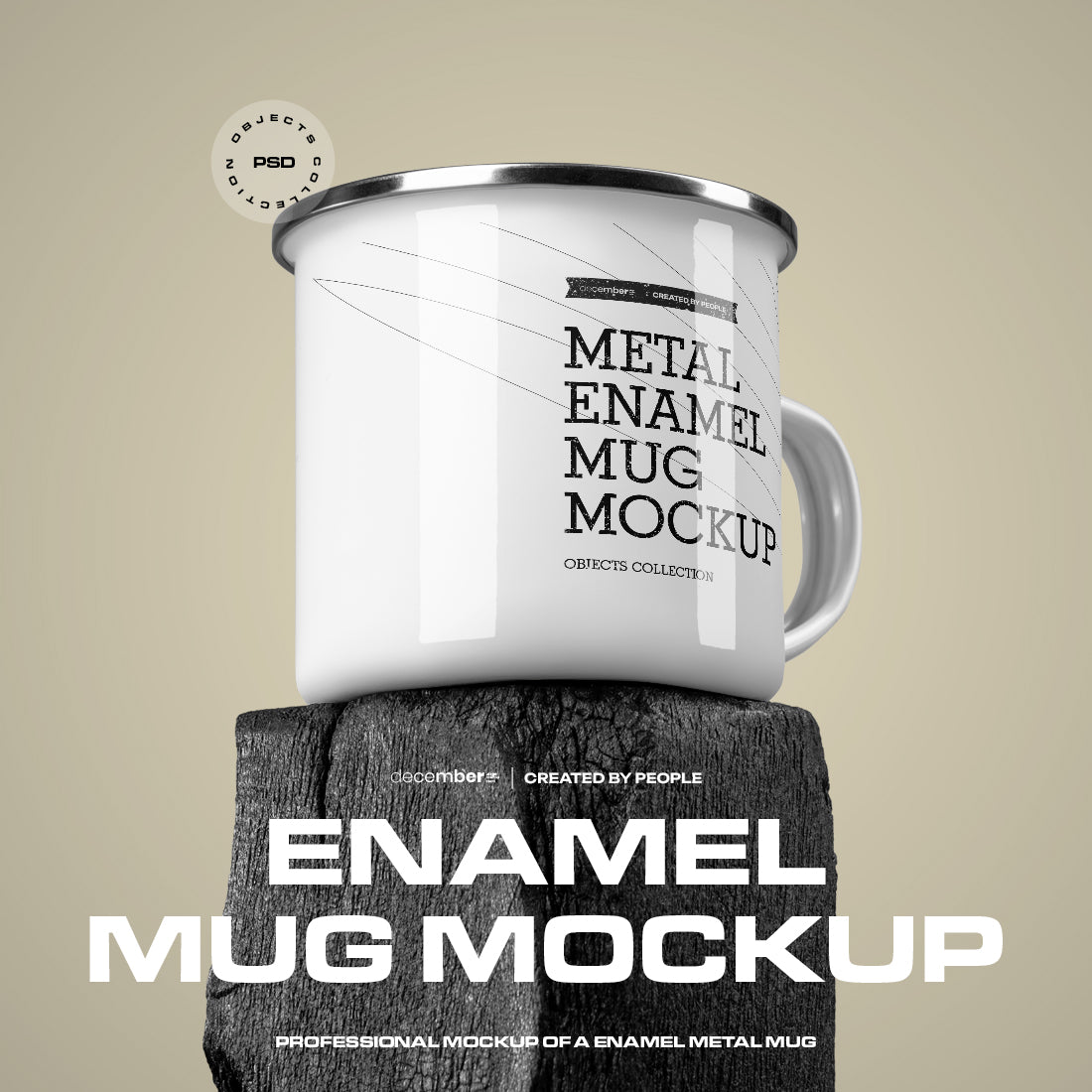 12 Mockups of Enamel Metal Mug on Burnt Wood Bar