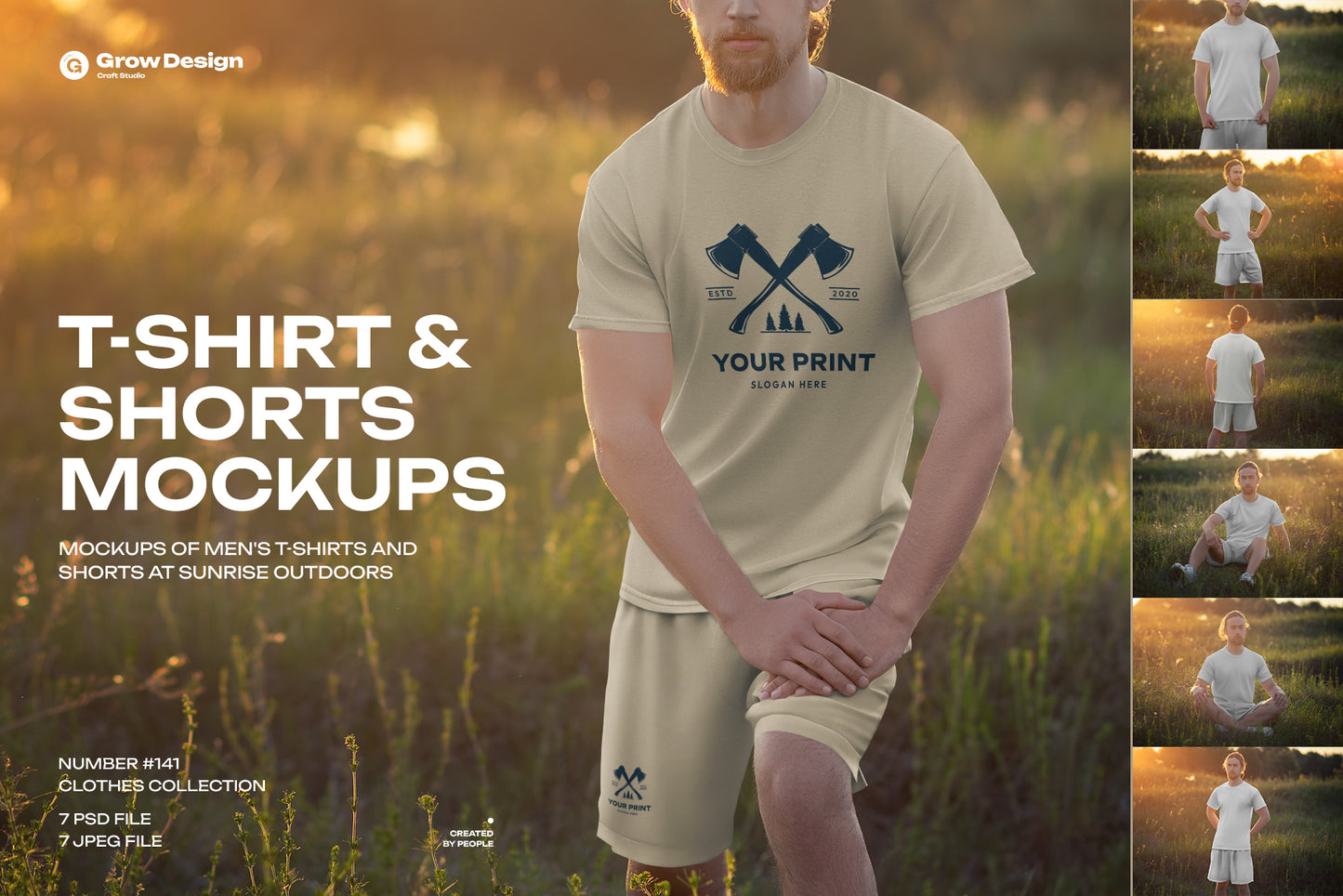 7 Mockups of Men's T-Shirt and Shorts Outdoors at Dawn