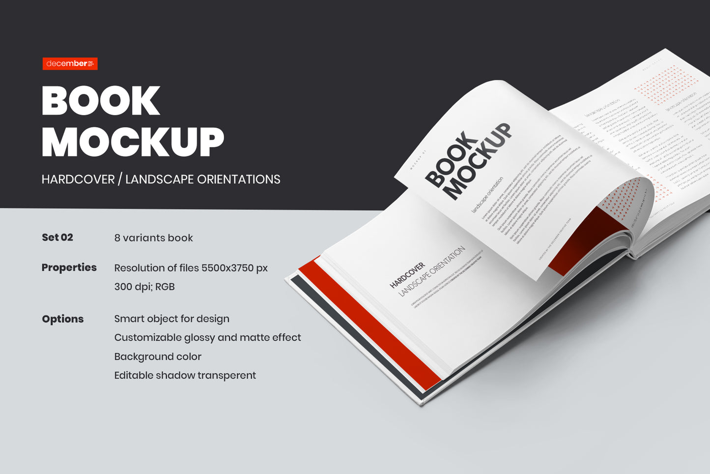 8 Book Mockups Hard Cover Landscape Oriantation. Set 2.
