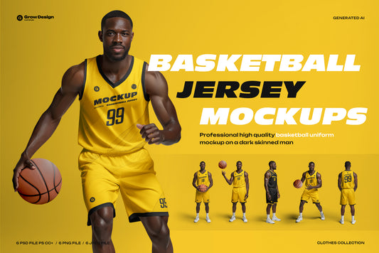 6 Basketball Jersey Mockups on a Dark-Skinned Model. Generated AI