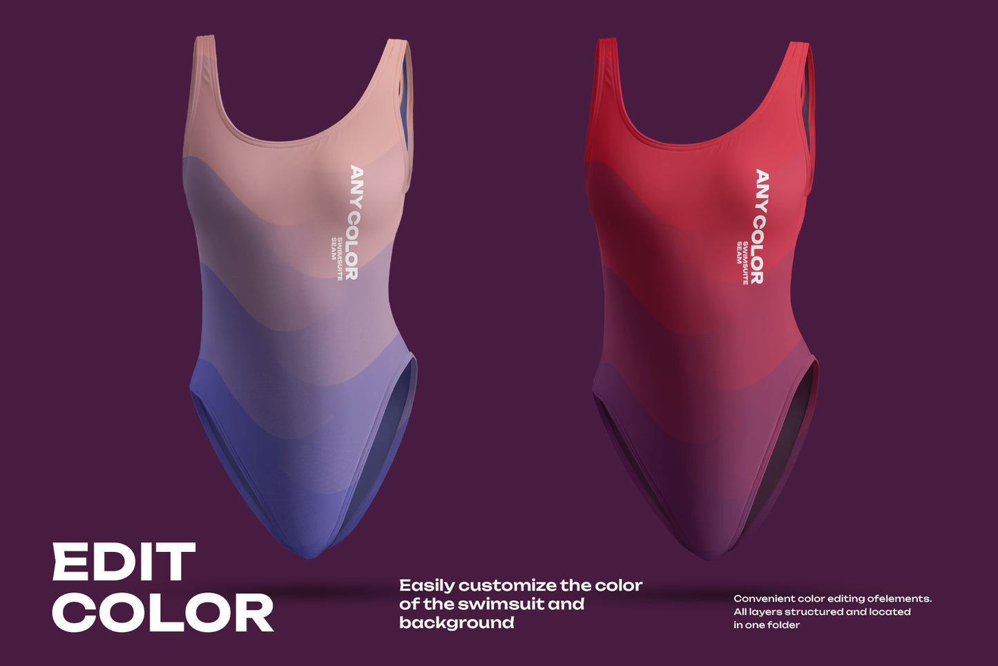 4 Mockups of a One Piece Sports Women's Swimsuit. 3D Style