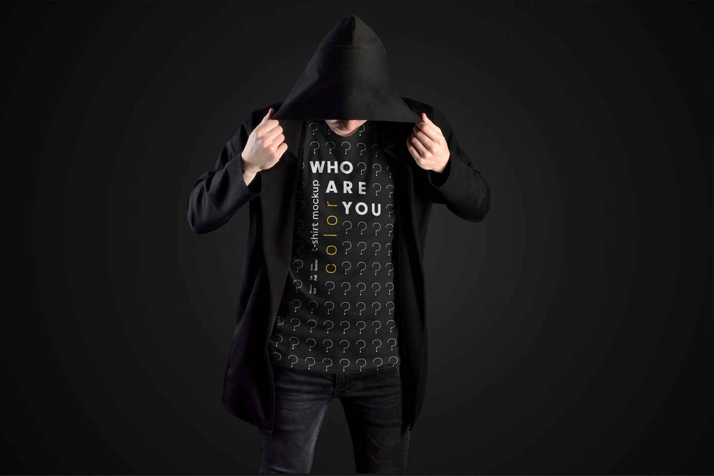 11 Mockups Man T-Shirts in a Black Hood Mantle