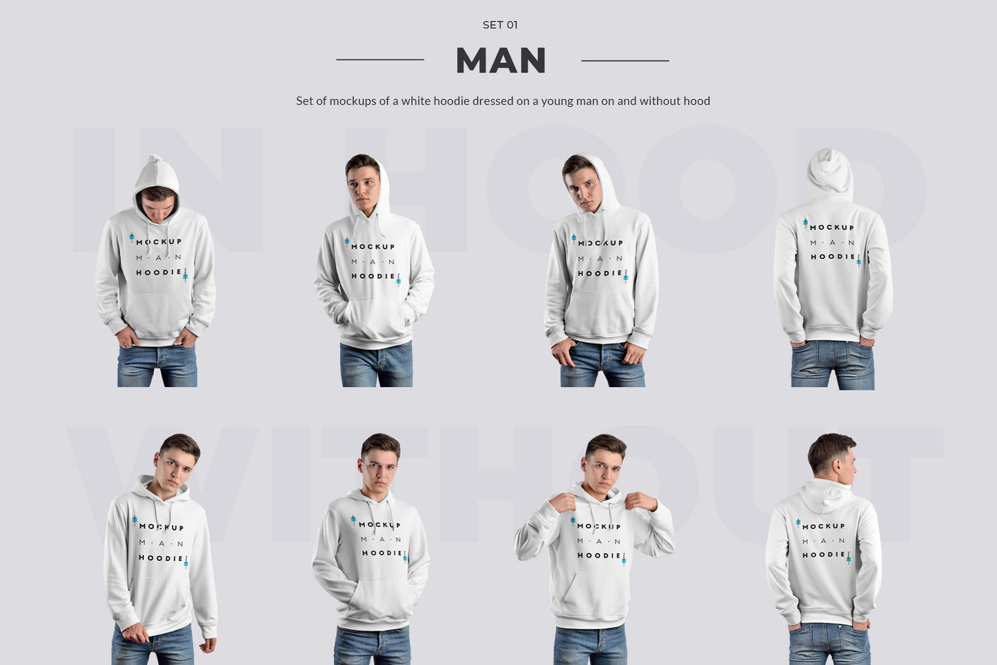 24 mockups hoodie on the man, 3D and isolated objects