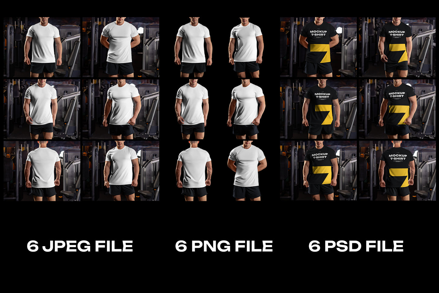 6 Mockups of the Men's T-shirt on the Bodybuilder in the Gym. T-shirt with a Round Neck