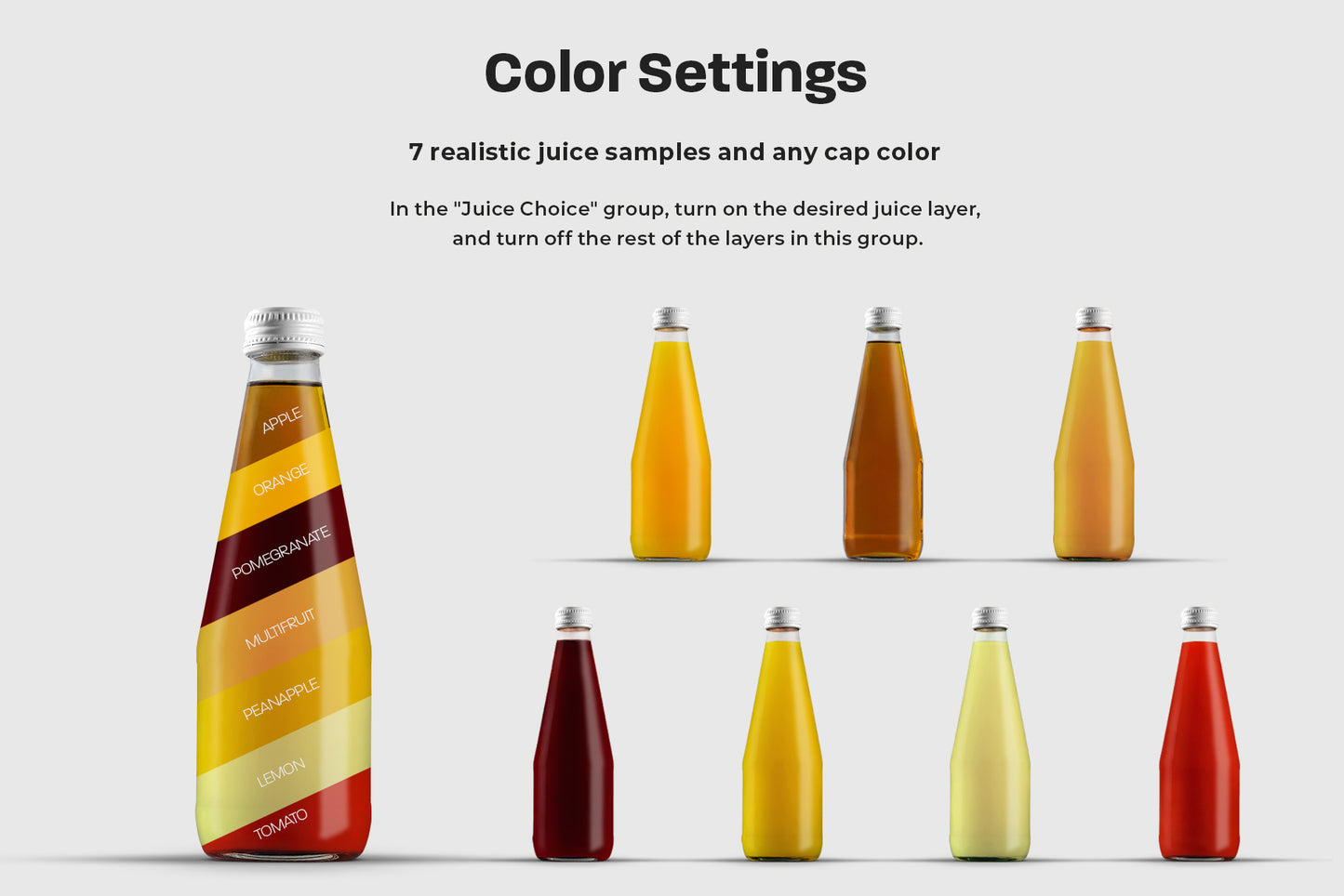 3 Mockup Glass Juice Bottle. 7 juice samples for each bottle