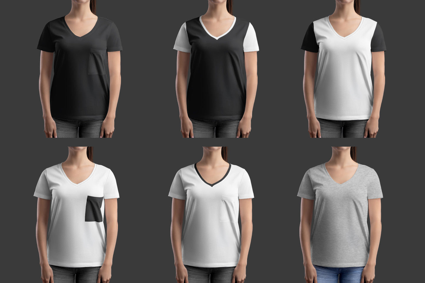 4 Mockup Woman V-Neck T-Shirt with a Chest Pocket. vol.02