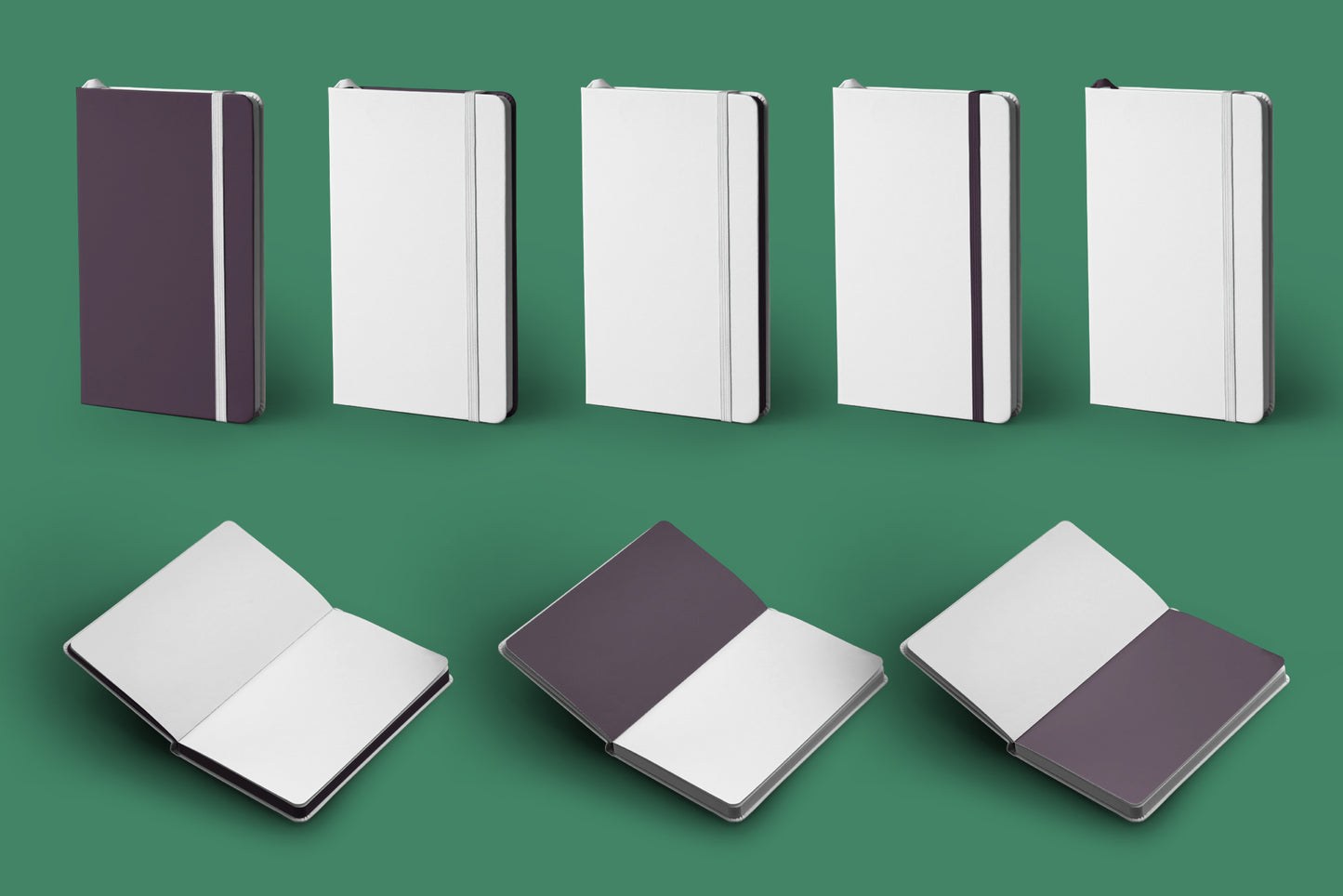 5 Mockups of Classic Notebook with Band and Hard Cover
