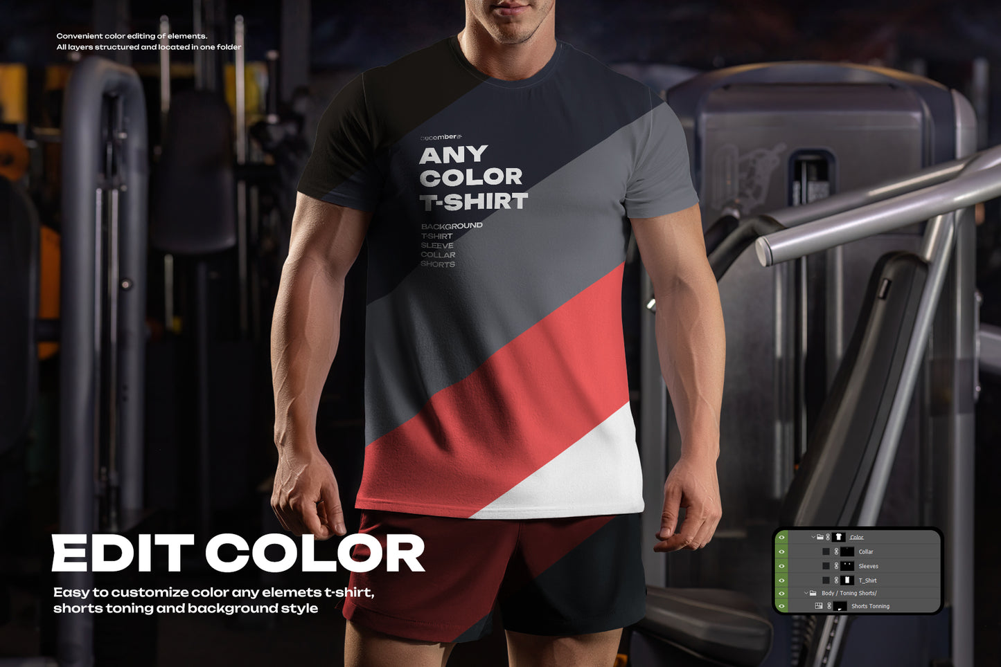 6 Mockups of the Men's T-shirt on the Bodybuilder in the Gym. T-shirt with a Round Neck