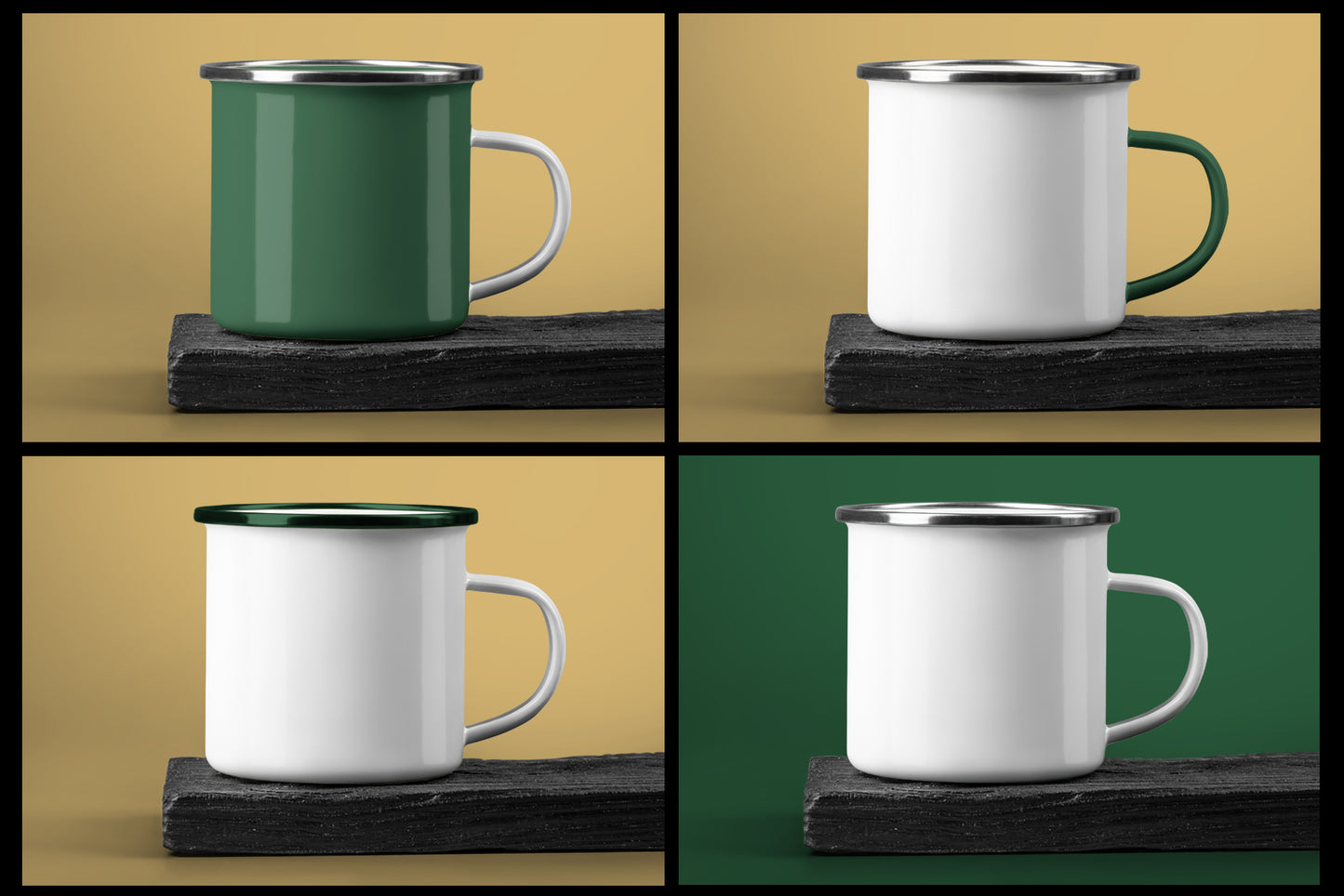 12 Mockups of Enamel Metal Mug on Burnt Wood Bar
