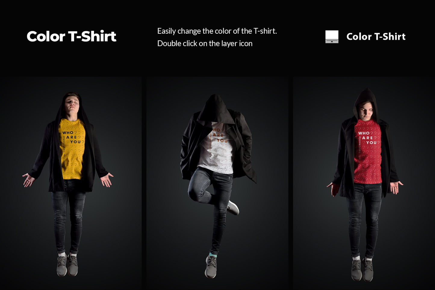 11 Mockups Man T-Shirts in a Black Hood Mantle