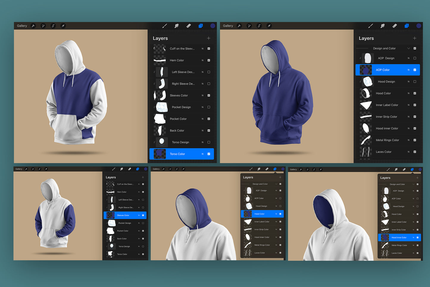 7 Mockups Oversize Hoodie in 3D Style for Procreate on the iPad