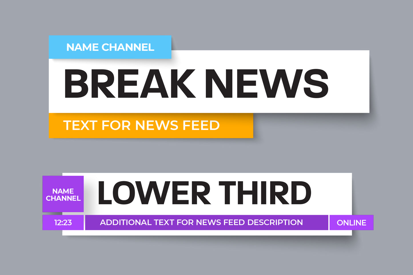 Set of lower thirds templates for TV channels, online broadcast