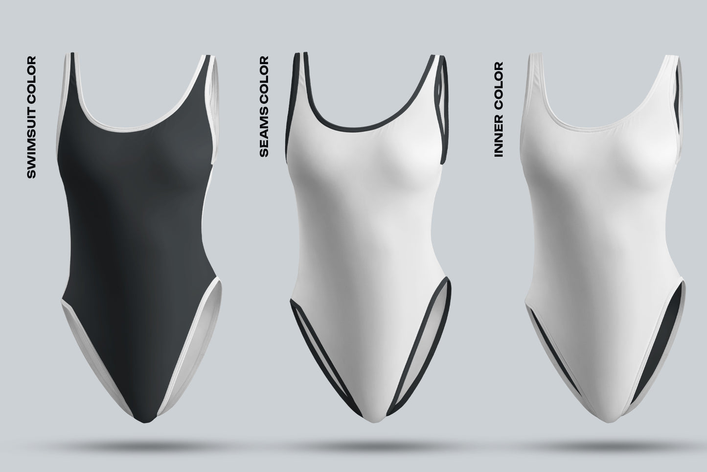 4 Mockups of a One Piece Sports Women's Swimsuit. 3D Style