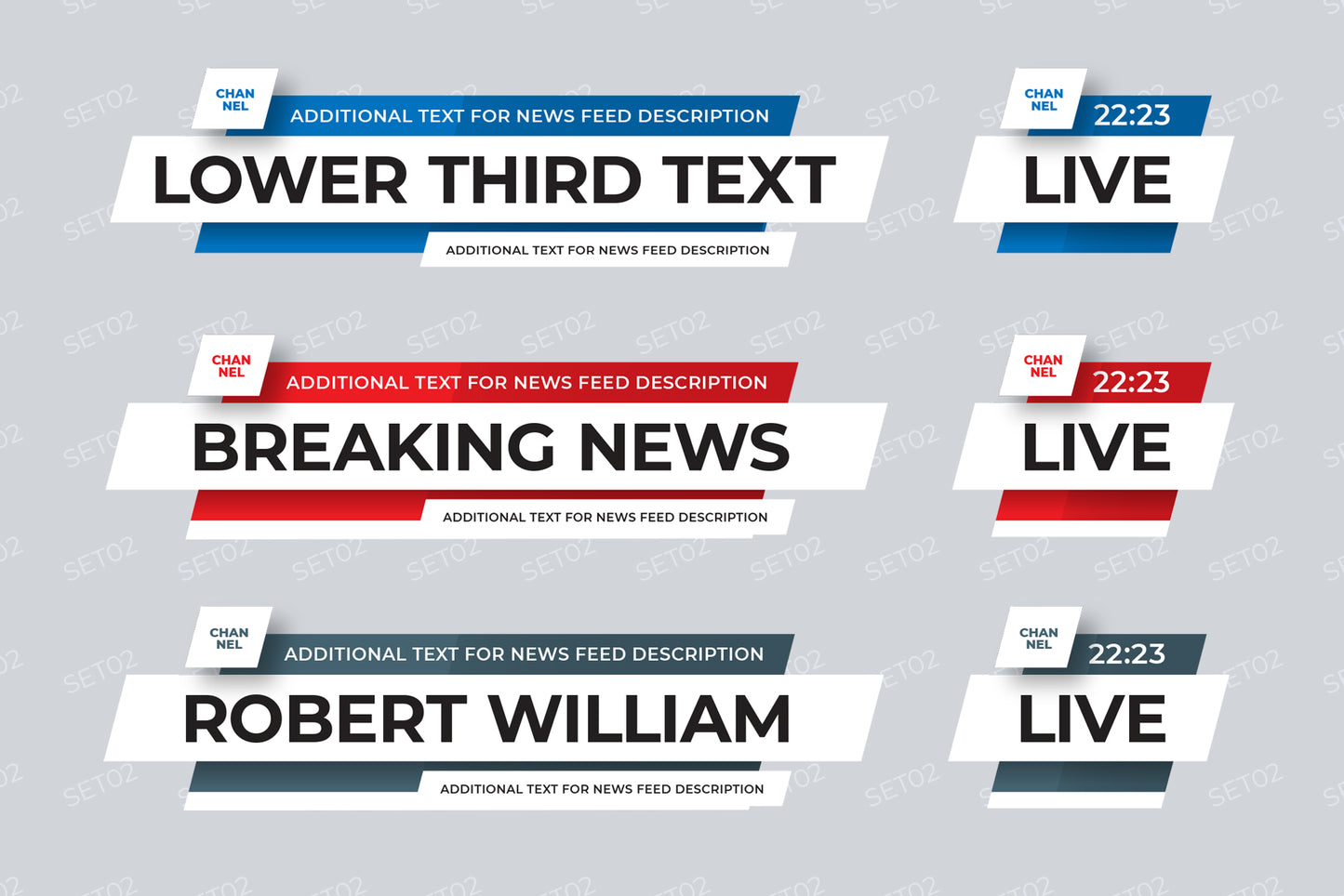 Set of lower thirds templates for TV channels, online broadcasts