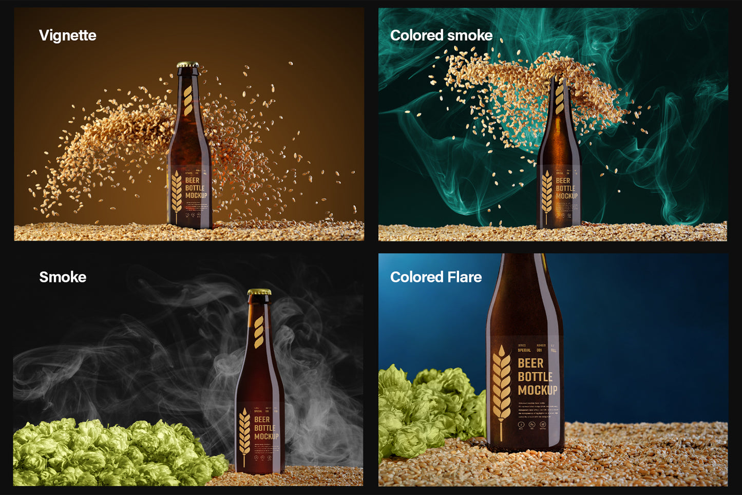 7 MockUps of Glass Beer Bottle With Flying Wheat