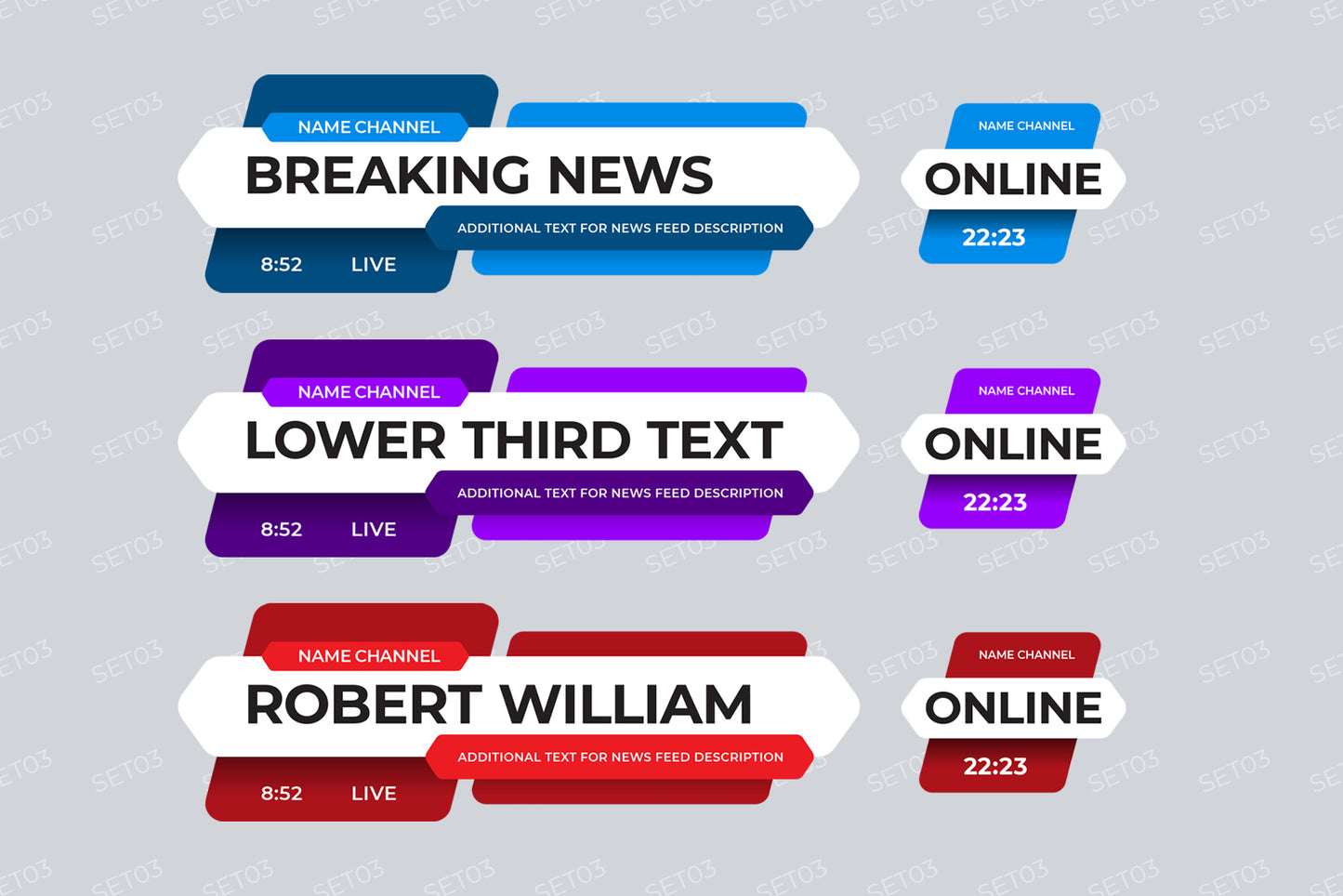 Set of lower thirds templates for TV channels, online broadcasts