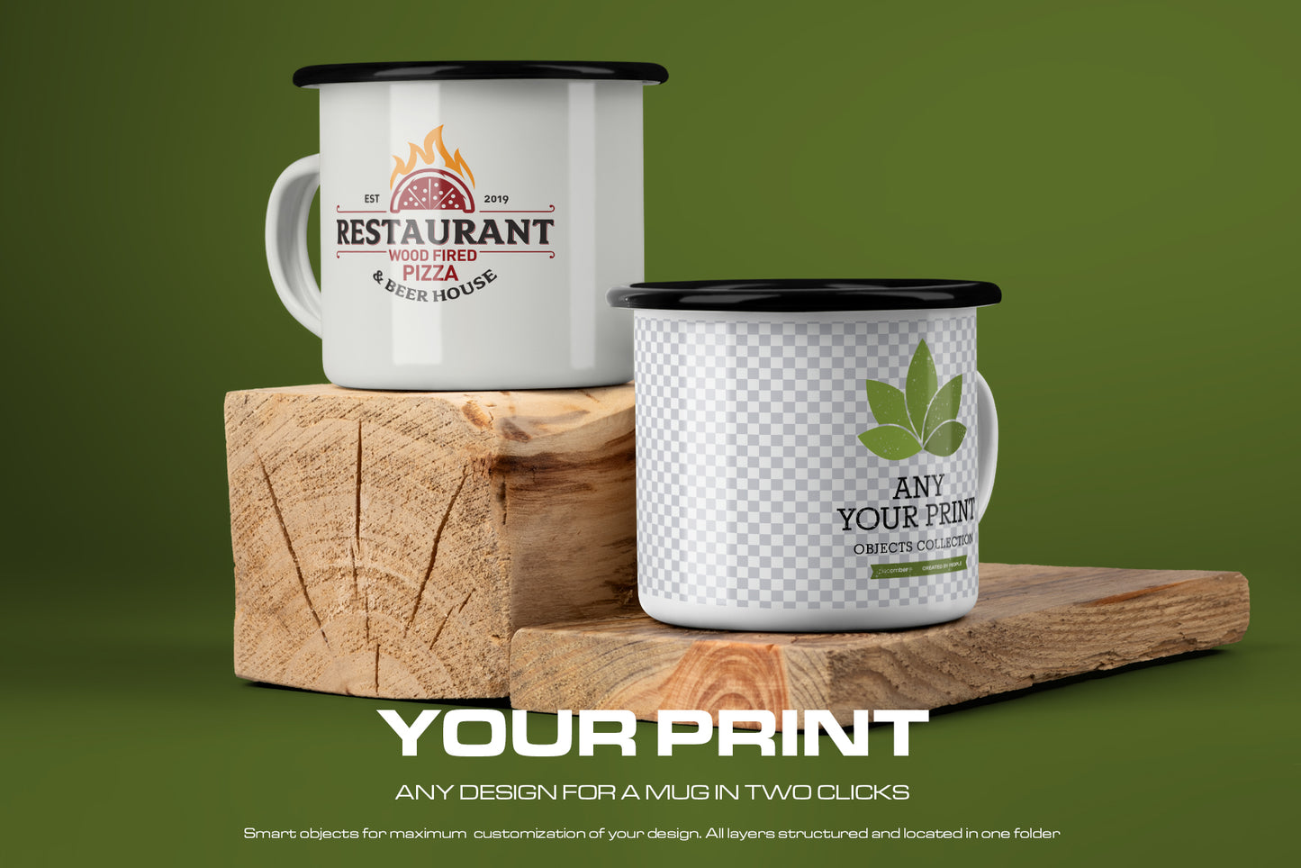 10 Mockups of Enamel Metal Mug with Black Border on Old Wood