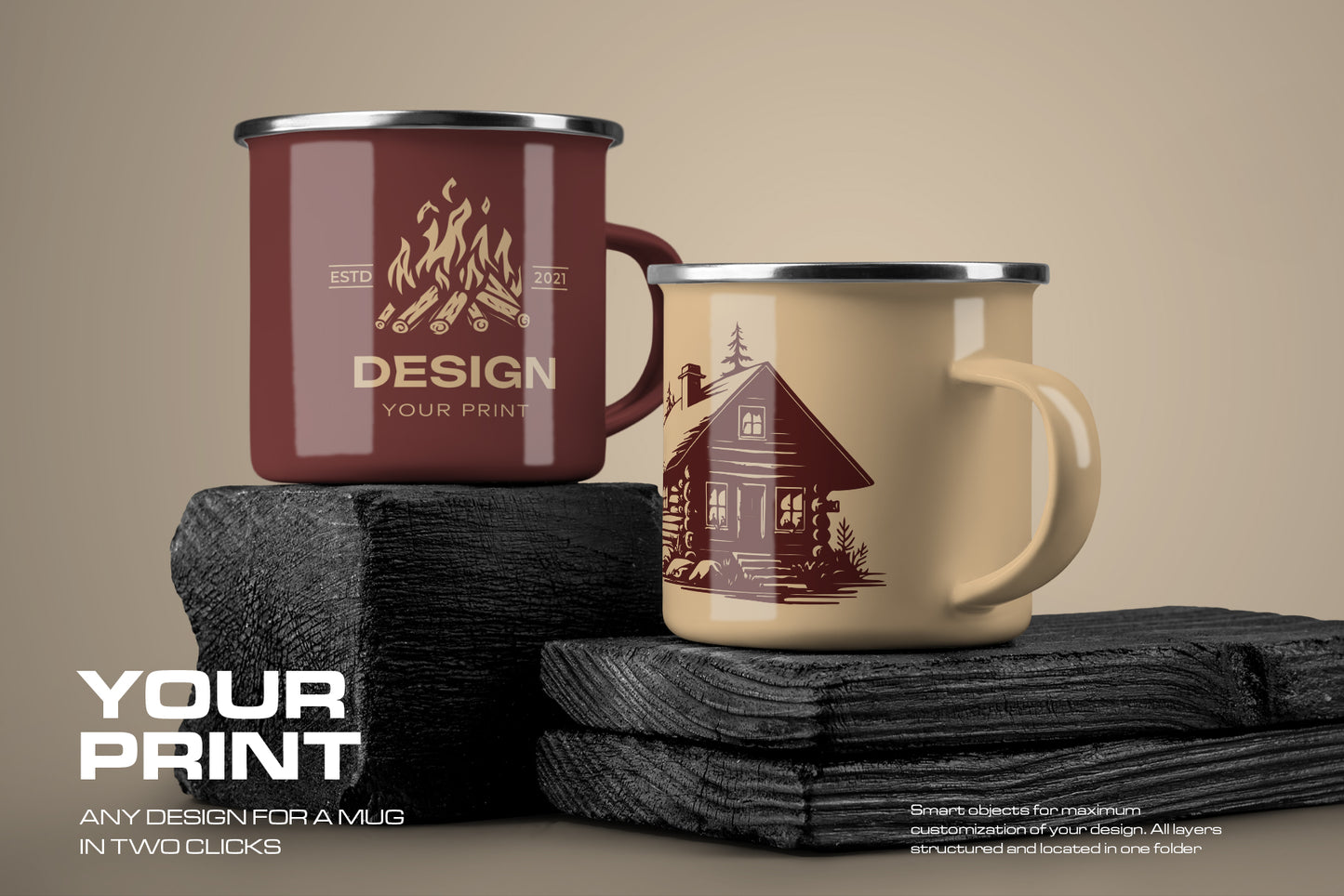 12 Mockups of Enamel Metal Mug on Burnt Wood Bar
