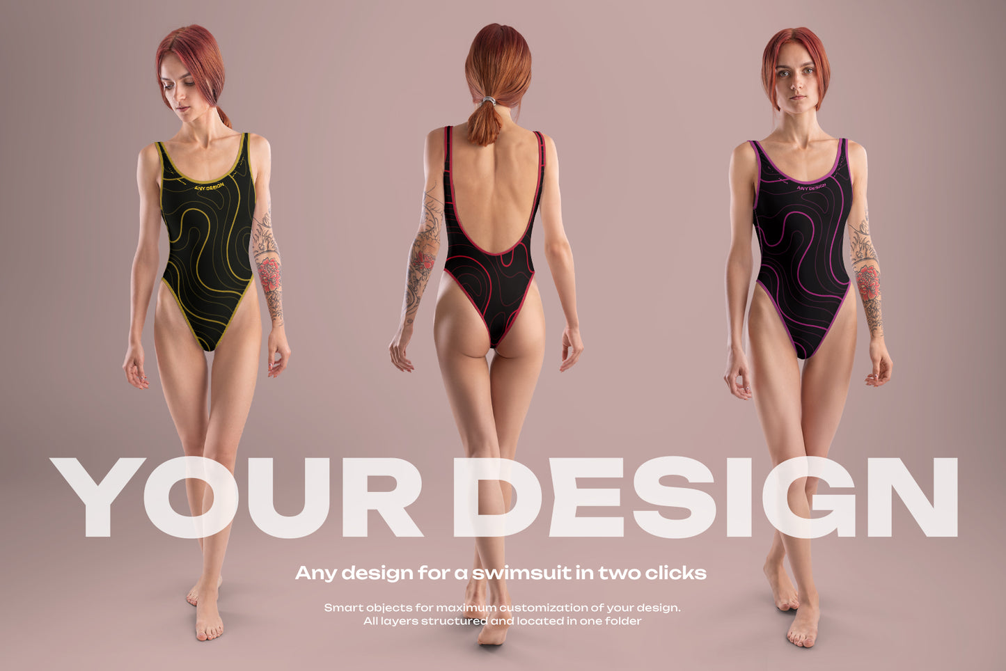 8 Mockups Woman Athletic One Piece Swimsuit vol.03. Full height