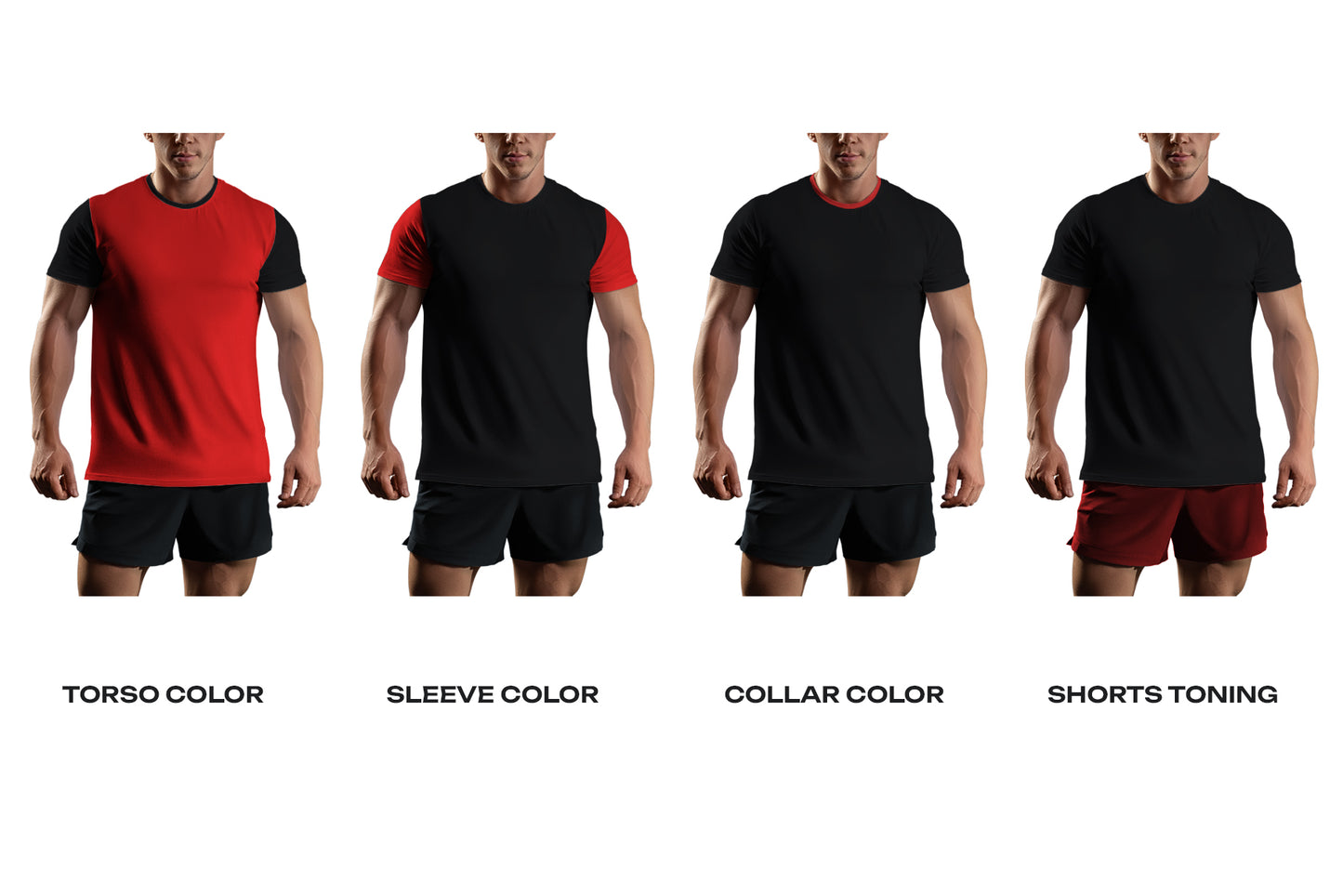 6 Mockups of the Men's T-shirt on the Bodybuilder in the Gym. T-shirt with a Round Neck