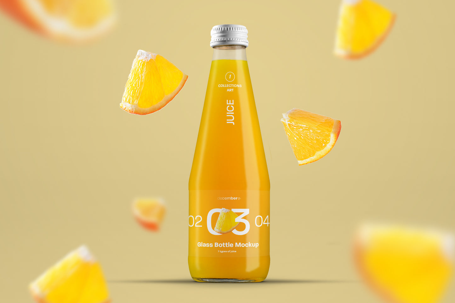 3 Mockup Glass Juice Bottle. 7 juice samples for each bottle