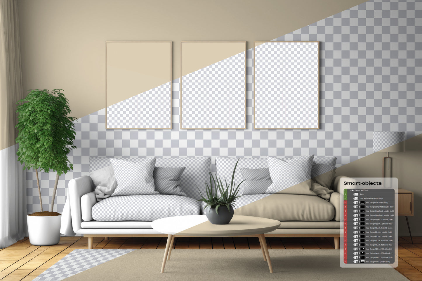 3 Mockups of Frames in the Interior. AI Generated