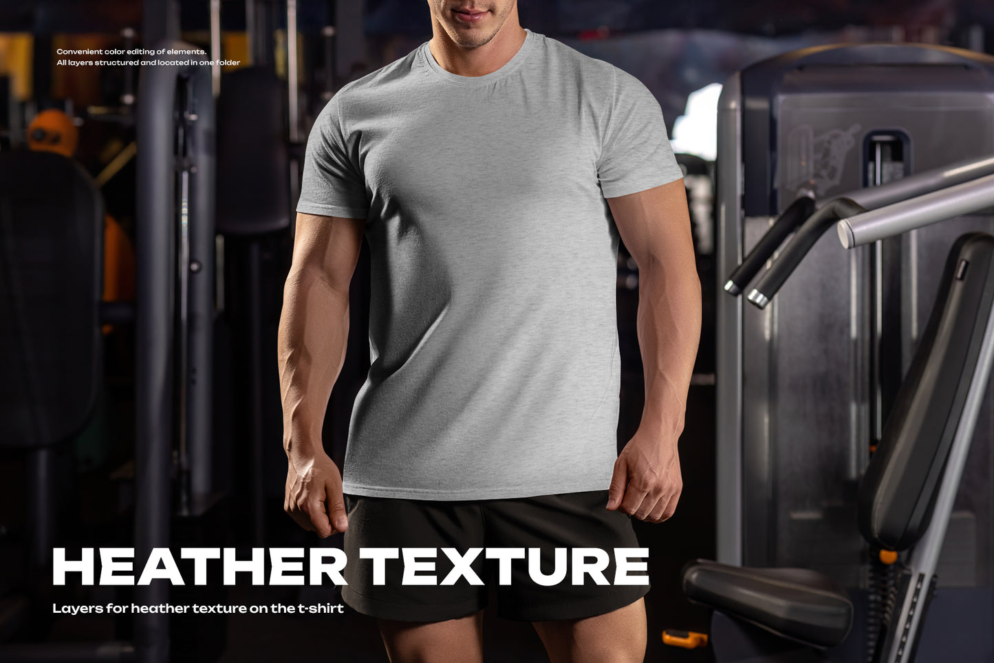 6 Mockups of the Men's T-shirt on the Bodybuilder in the Gym. T-shirt with a Round Neck