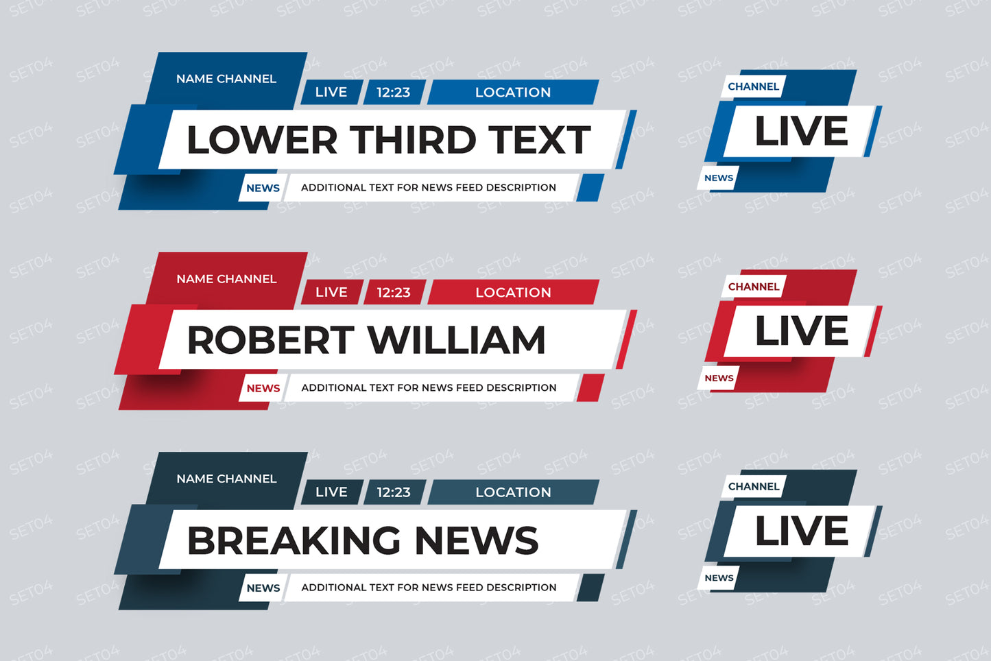 Set of lower thirds templates for TV channels, online broadcasts