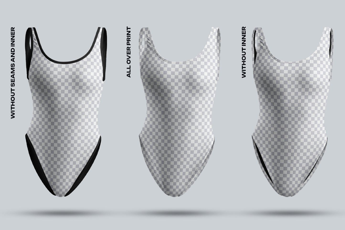 4 Mockups of a One Piece Sports Women's Swimsuit. 3D Style