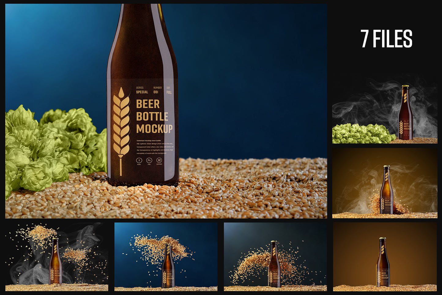 7 MockUps of Glass Beer Bottle With Flying Wheat