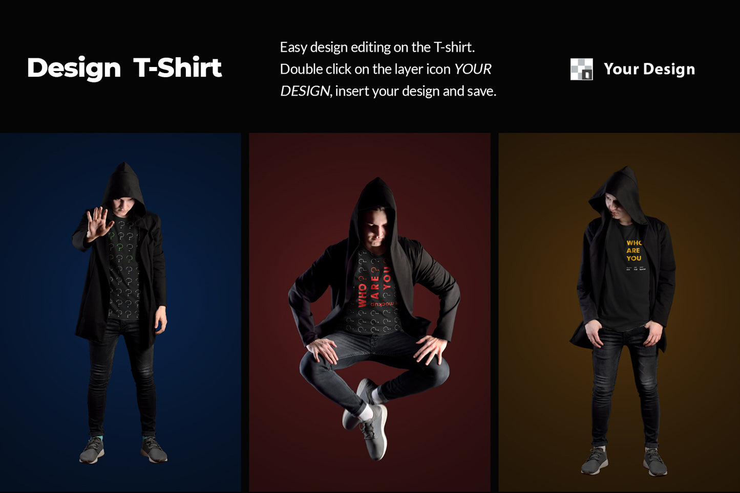 11 Mockups Man T-Shirts in a Black Hood Mantle
