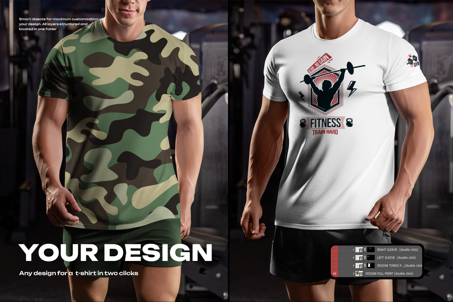 6 Mockups of the Men's T-shirt on the Bodybuilder in the Gym. T-shirt with a Round Neck
