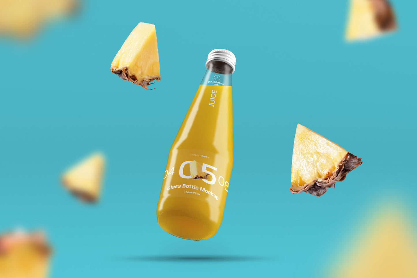 3 Mockup Glass Juice Bottle. 7 juice samples for each bottle