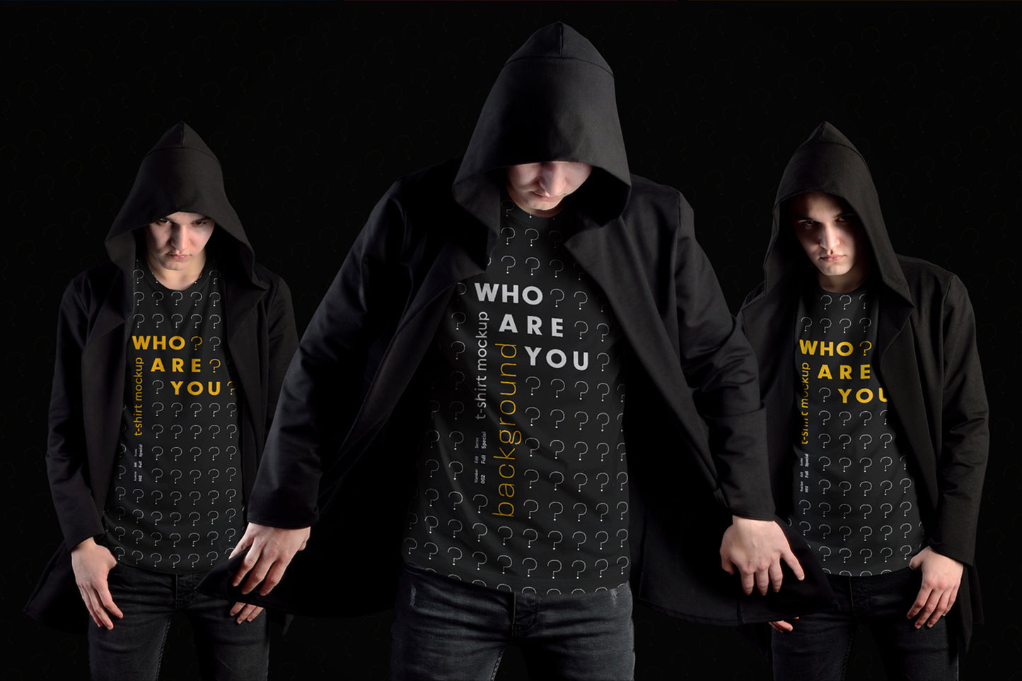 11 Mockups Man T-Shirts in a Black Hood Mantle