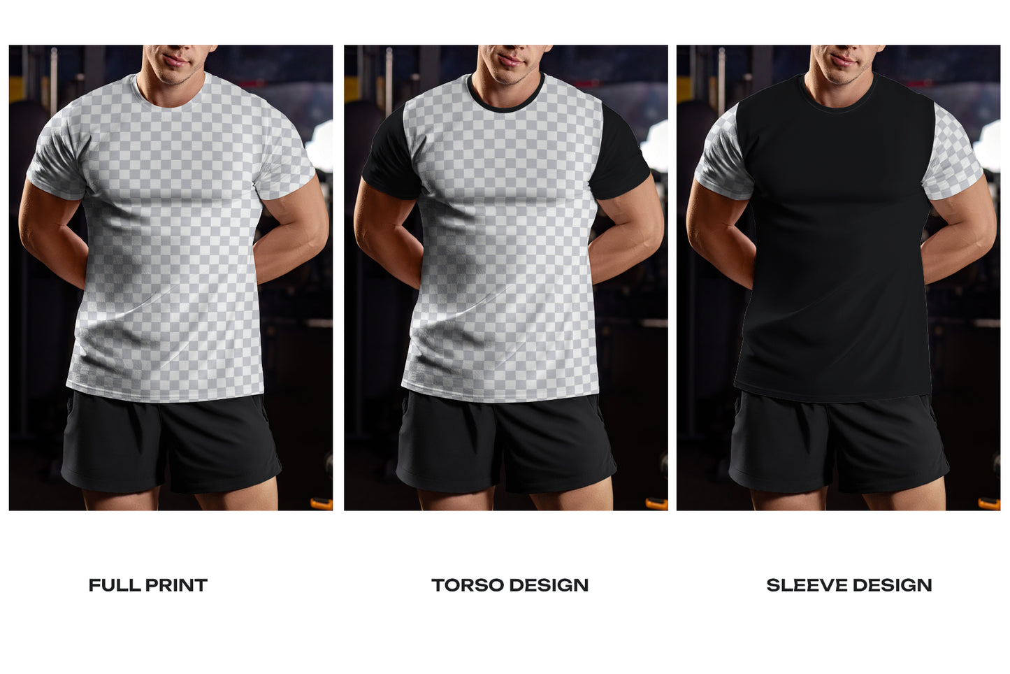 6 Mockups of the Men's T-shirt on the Bodybuilder in the Gym. T-shirt with a Round Neck