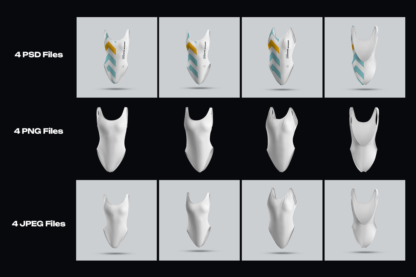 4 Mockups of a One Piece Sports Women's Swimsuit. 3D Style
