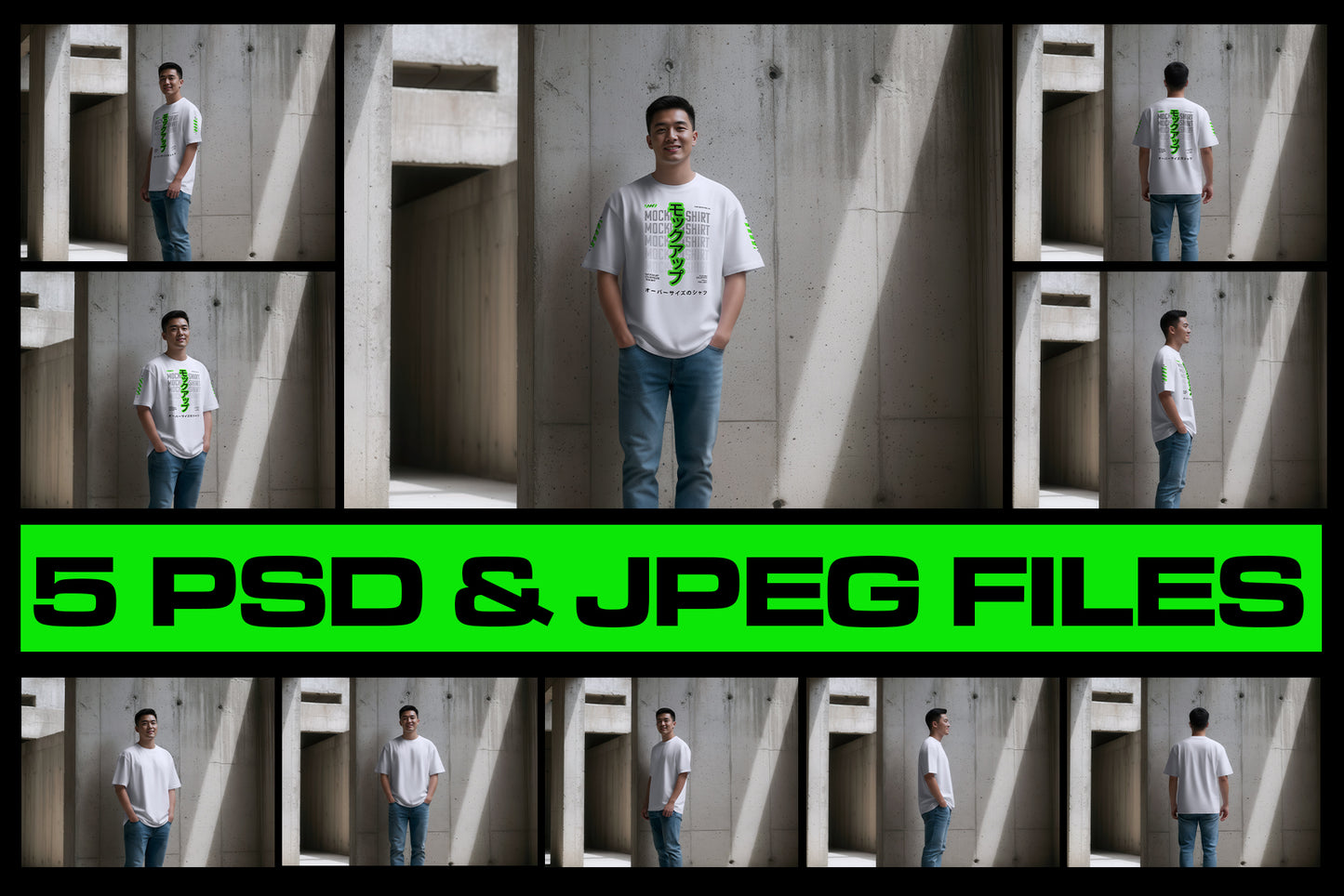 5 Oversized T-Shirt Mockups on Asian Man. Urban Series #1. Generated AI
