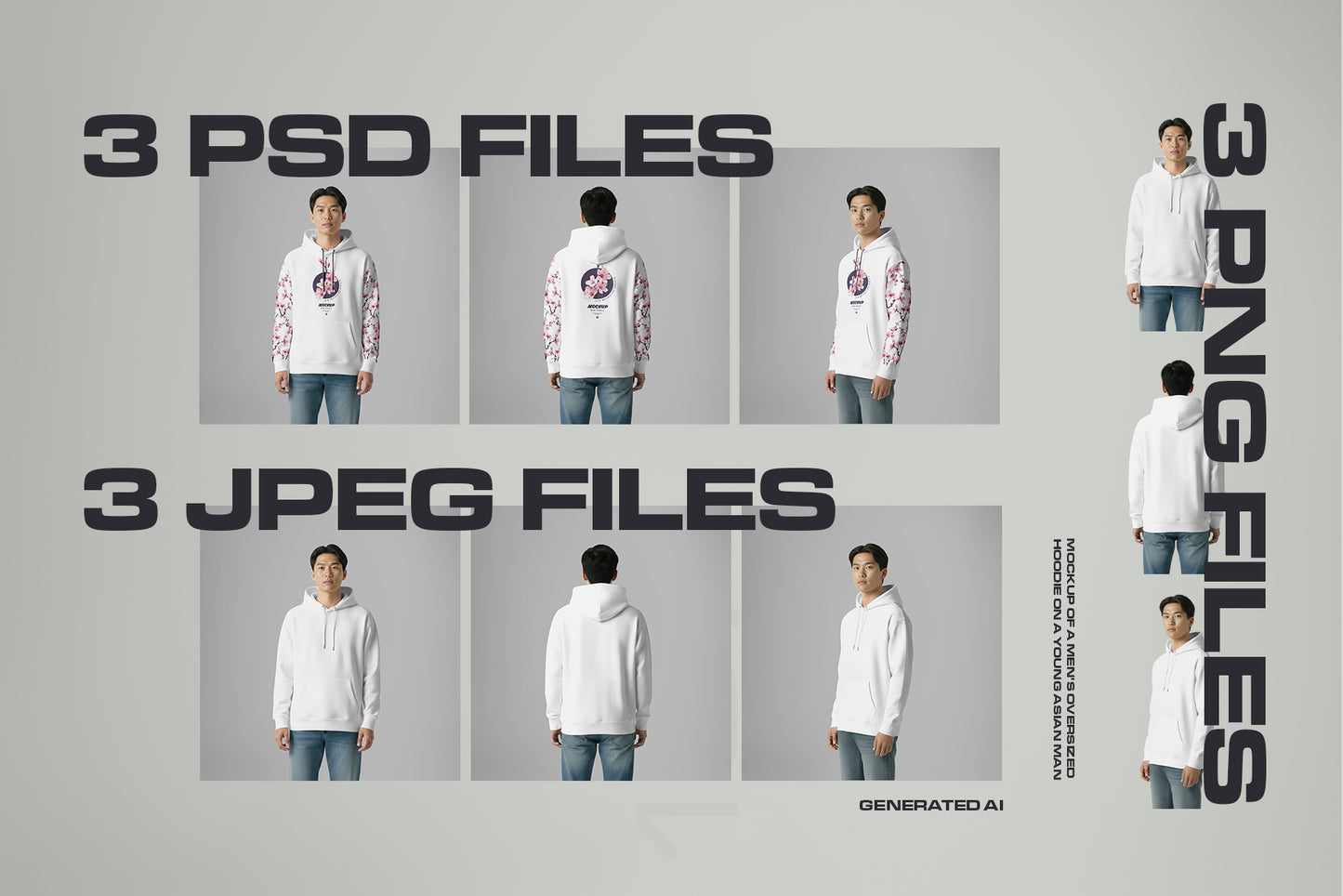 3 Oversized Hoodie Mockups on Asian Man. Vol.01. Generated AI
