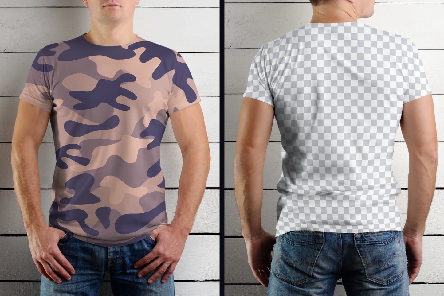 9 T-Shirt Men's Mockups on Wooden Background