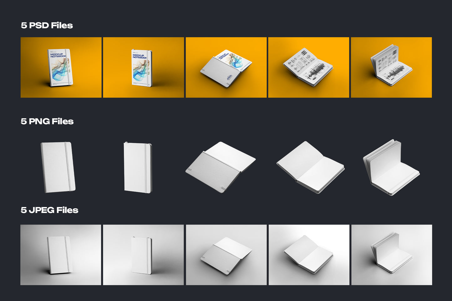 5 Mockups of Classic Notebook with Band and Hard Cover