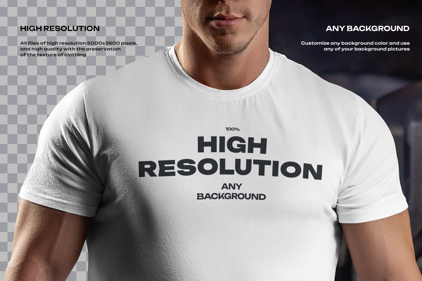 6 Mockups of the Men's T-shirt on the Bodybuilder in the Gym. T-shirt with a Round Neck