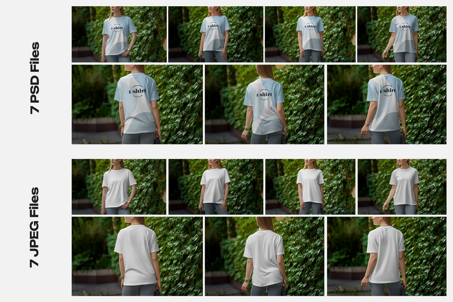 7 Mockups T-Shirt on a Girl Walking in the Green Street