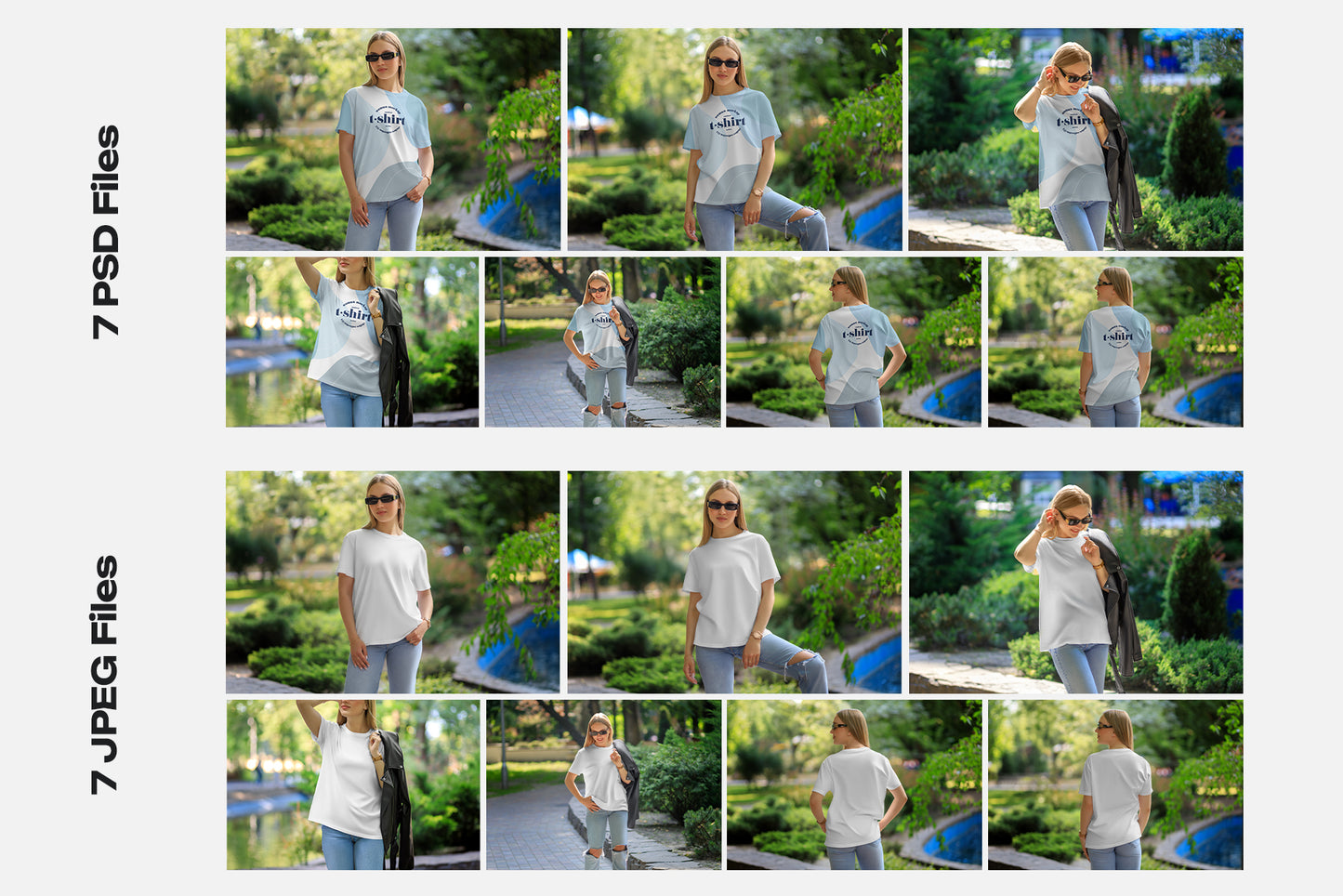 7 Mockups T-Shirt on a Girl Walking in the Outdoor. Vol.06
