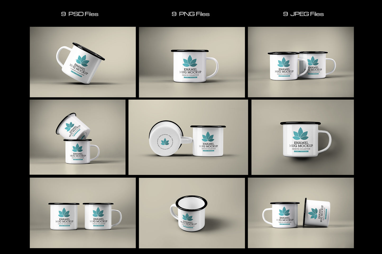 9 Mockups of Enamel Metal Mug with Black Rim